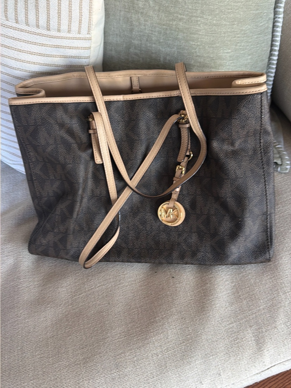 Michael Kors Brown Logo Tote with Tan Trim and Gold Charm